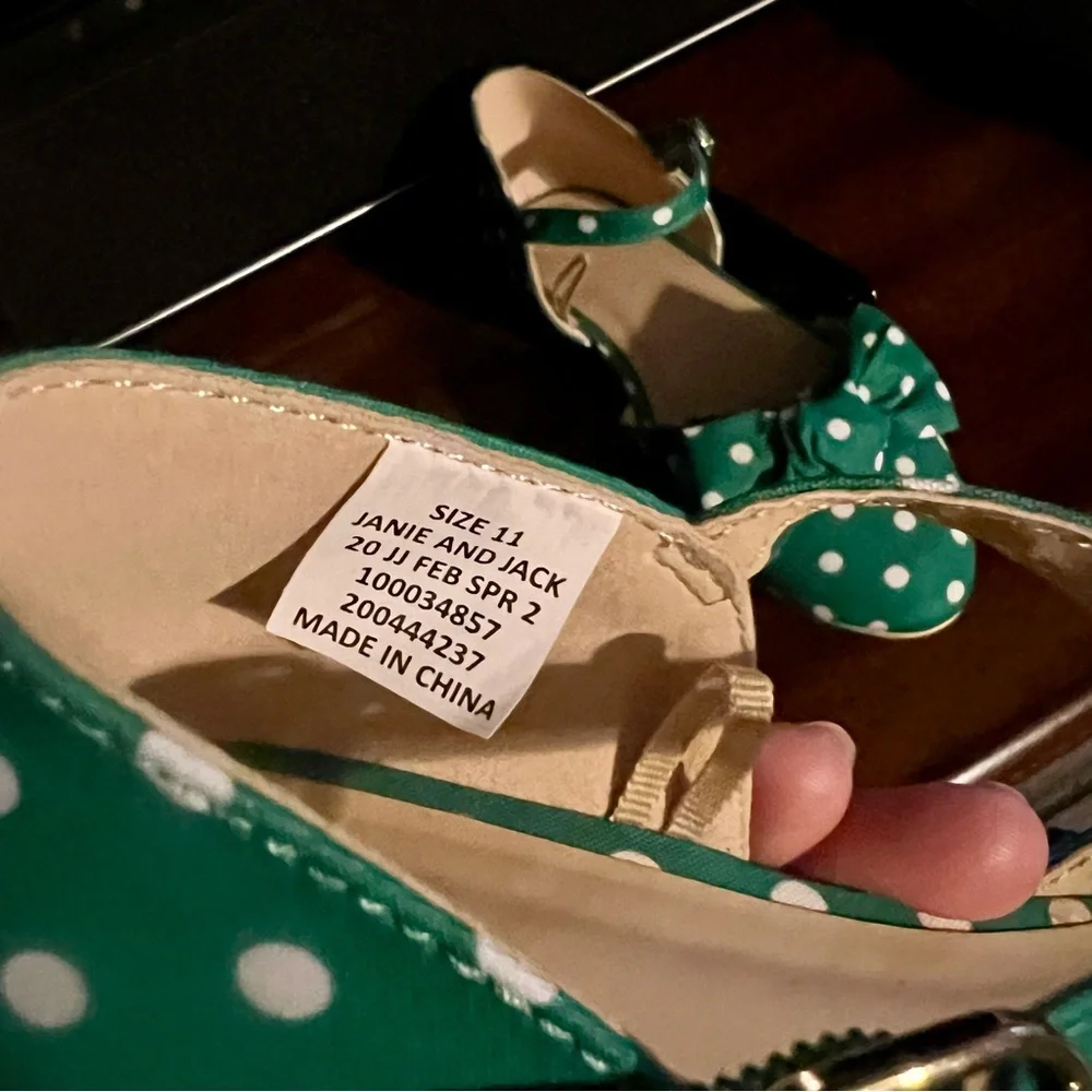 Janie and Jack, DOT BOW FLATS, green and white, size 11